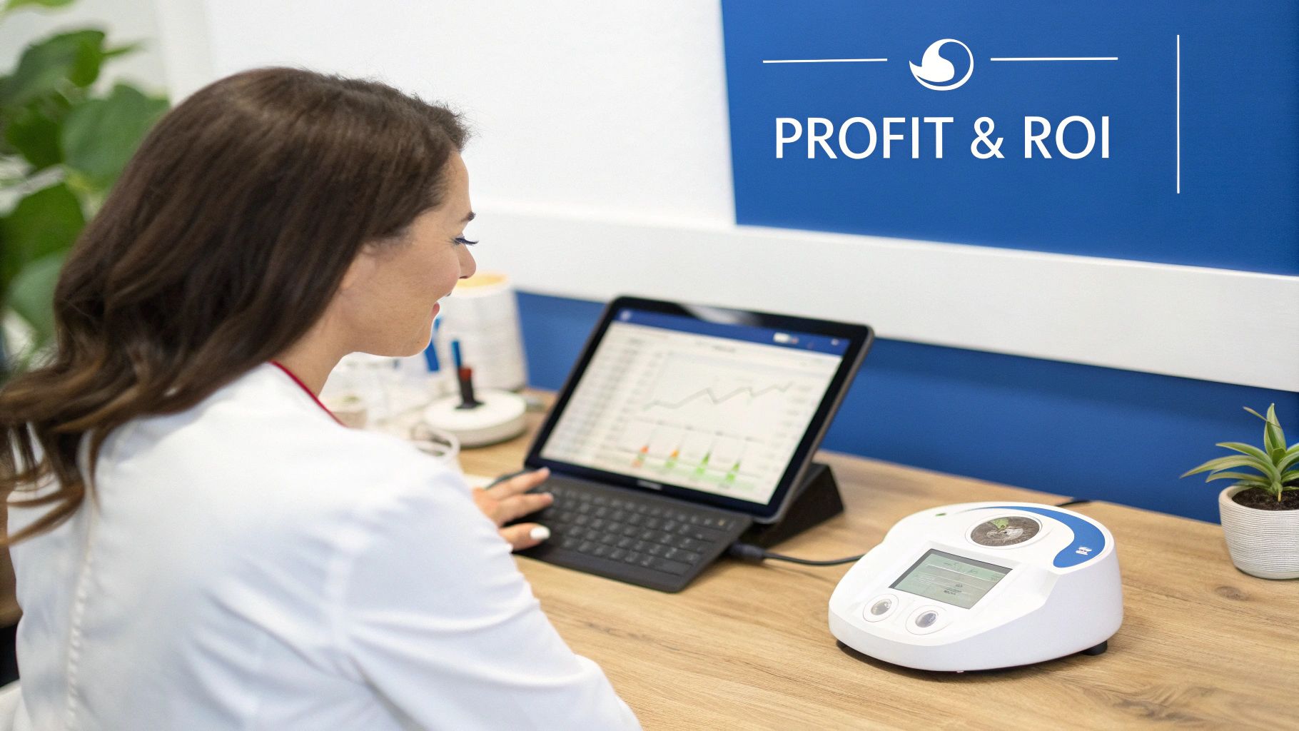 A woman in a white lab coat analyzes data on a tablet, with medical equipment on a wooden desk.