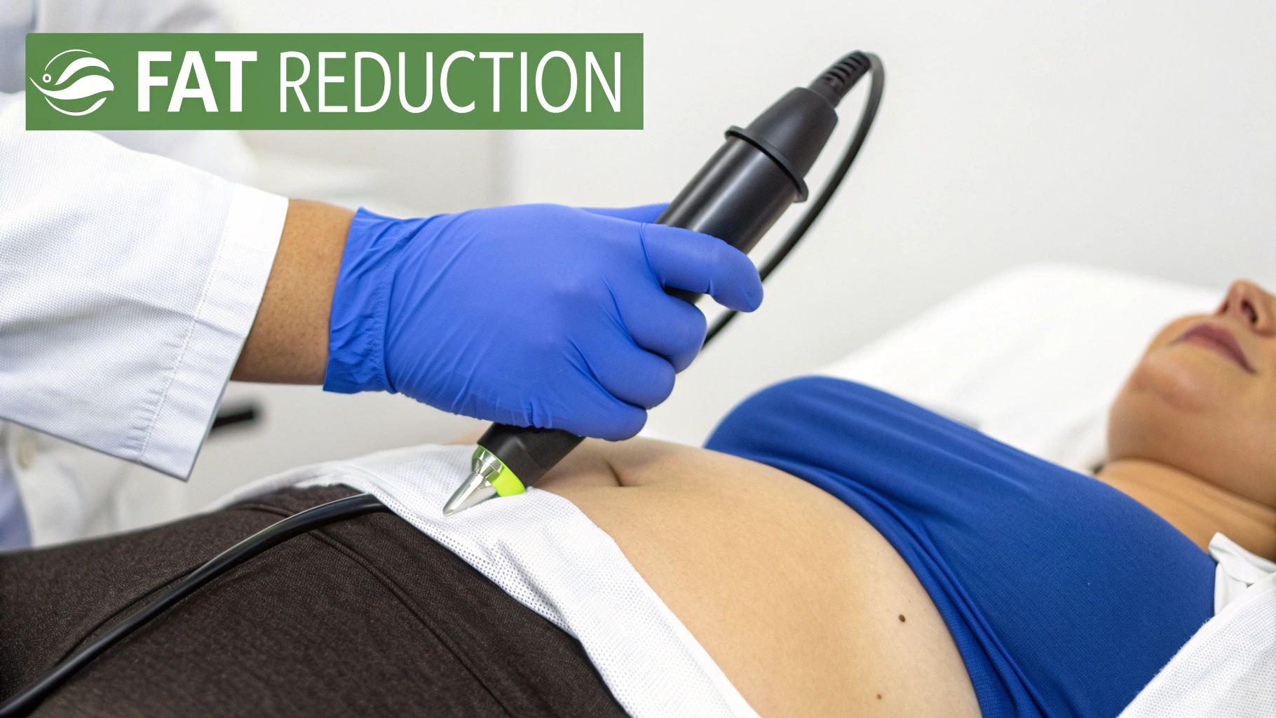 A professional in blue gloves performing a non-invasive fat reduction treatment on a client's belly.