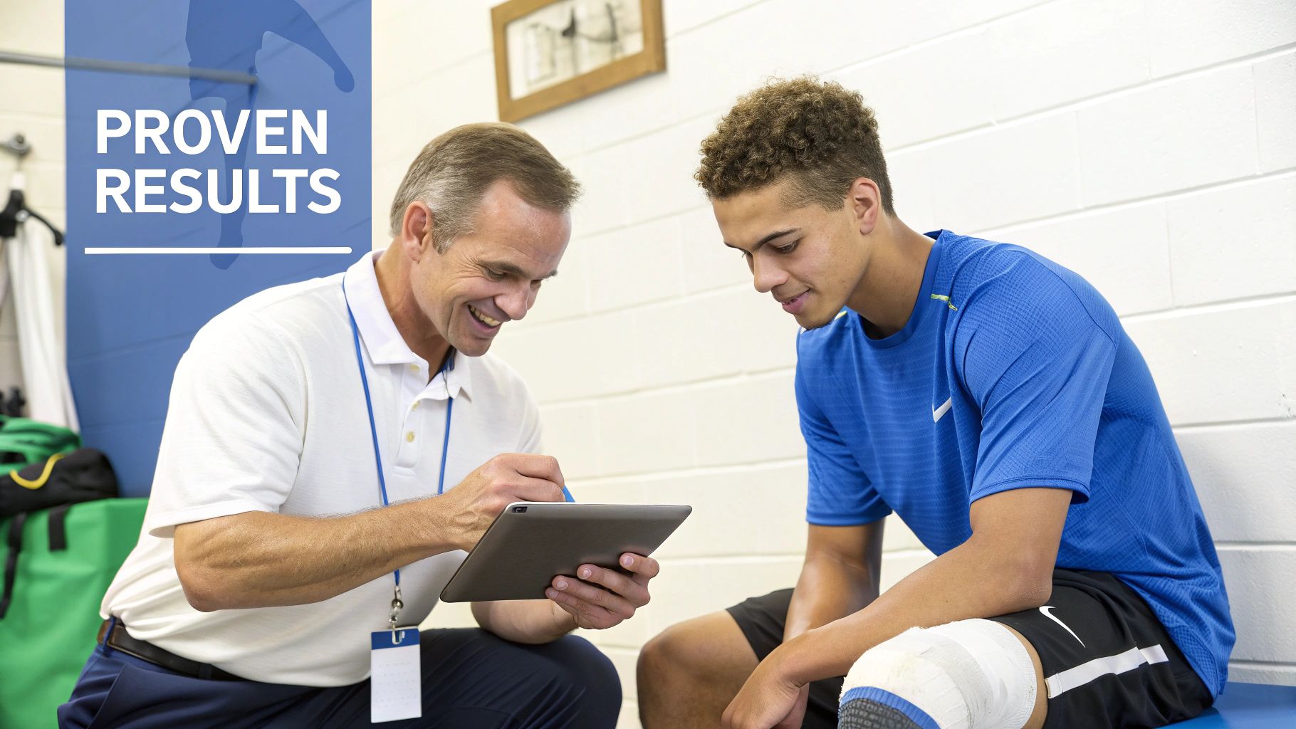 A physical therapist and an athlete with a knee injury review data on a tablet.