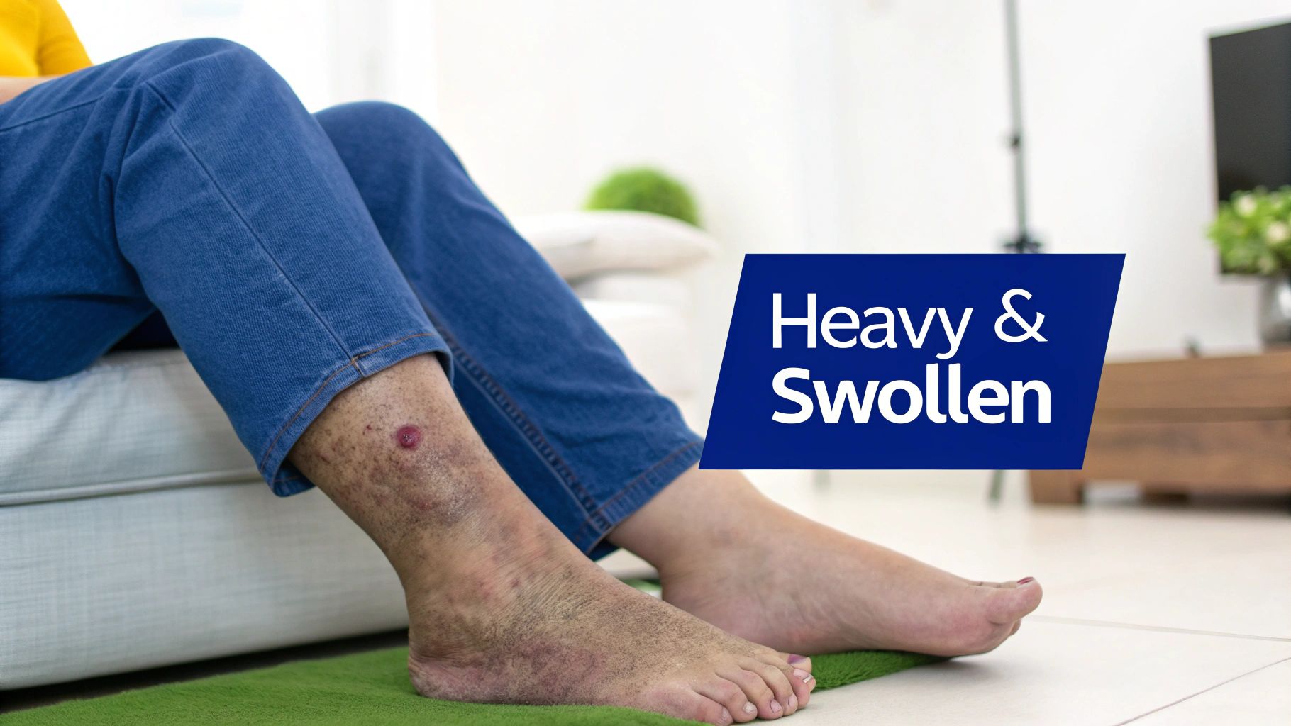 Close-up of a person's legs, one leg showing heavy and swollen skin with a red lesion, beside a normal leg.