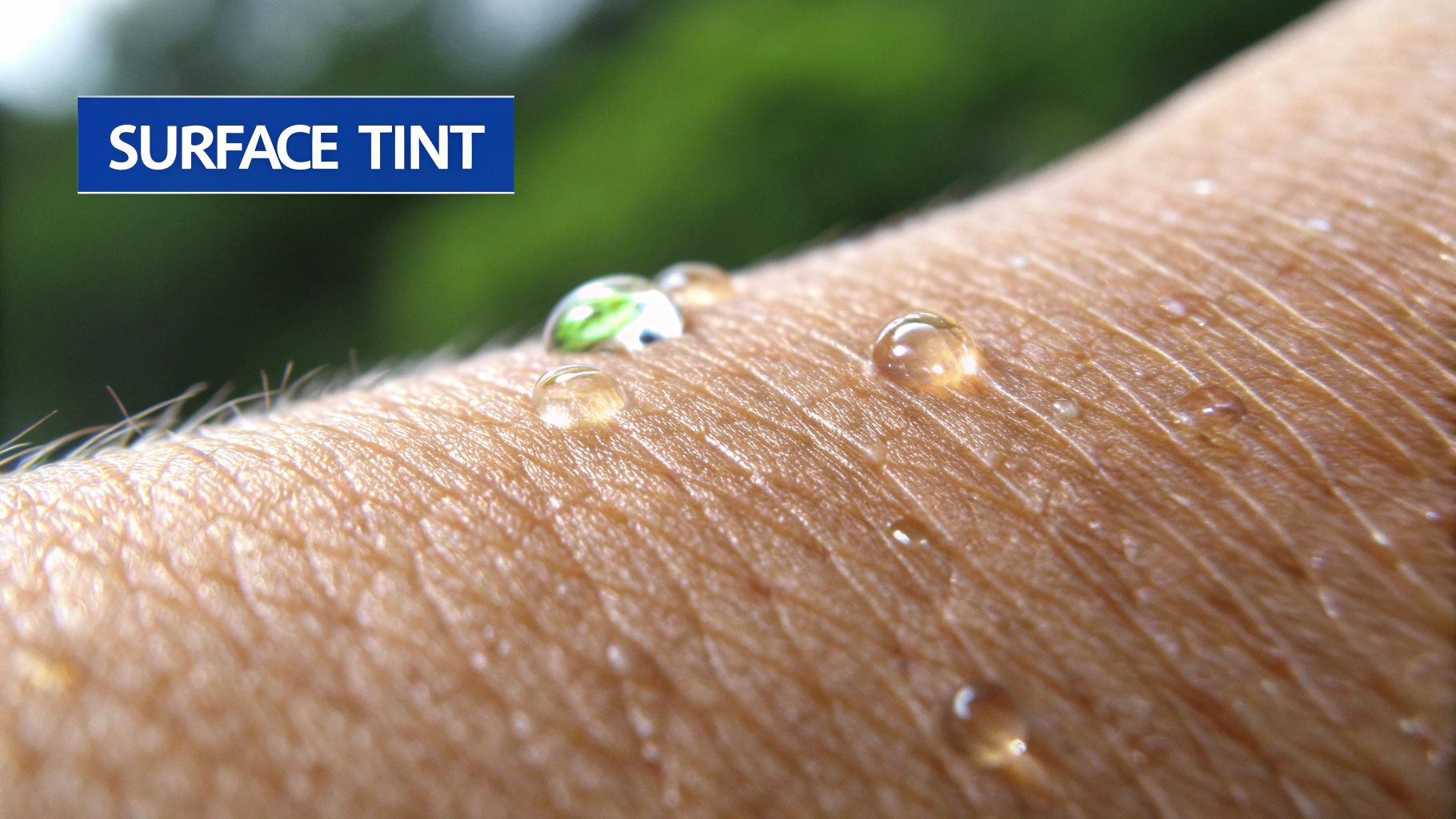 Close-up of human skin with water droplets, featuring a 'SURFACE TINT' label in blue.