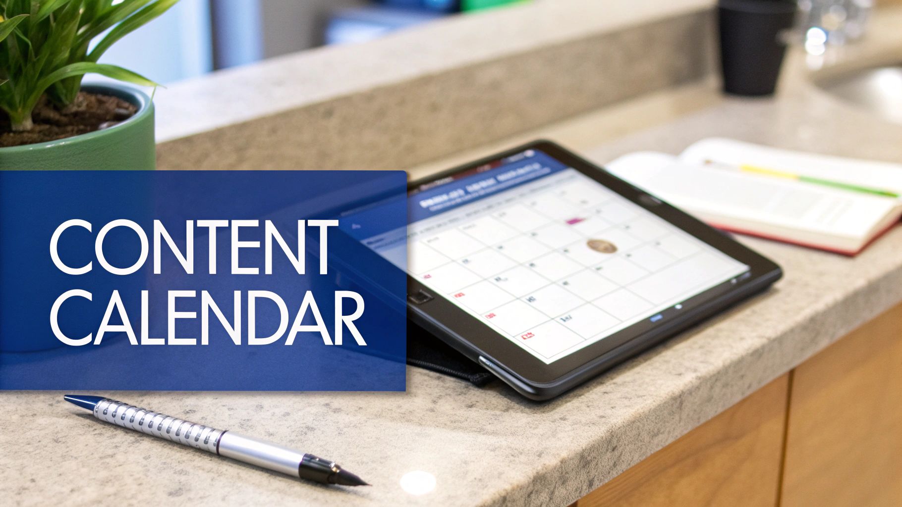 A desk with a 'Content Calendar' overlay, a tablet showing a calendar, a pen, and a plant.