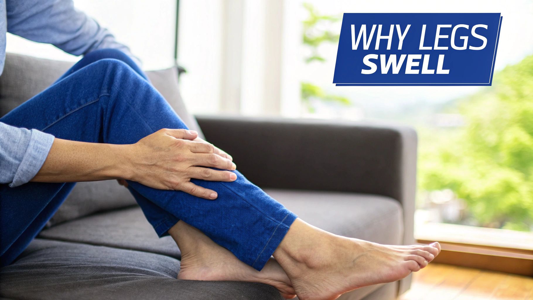 A person sitting on a couch, holding their leg, with text overlay 'WHY LEGS SWELL'.