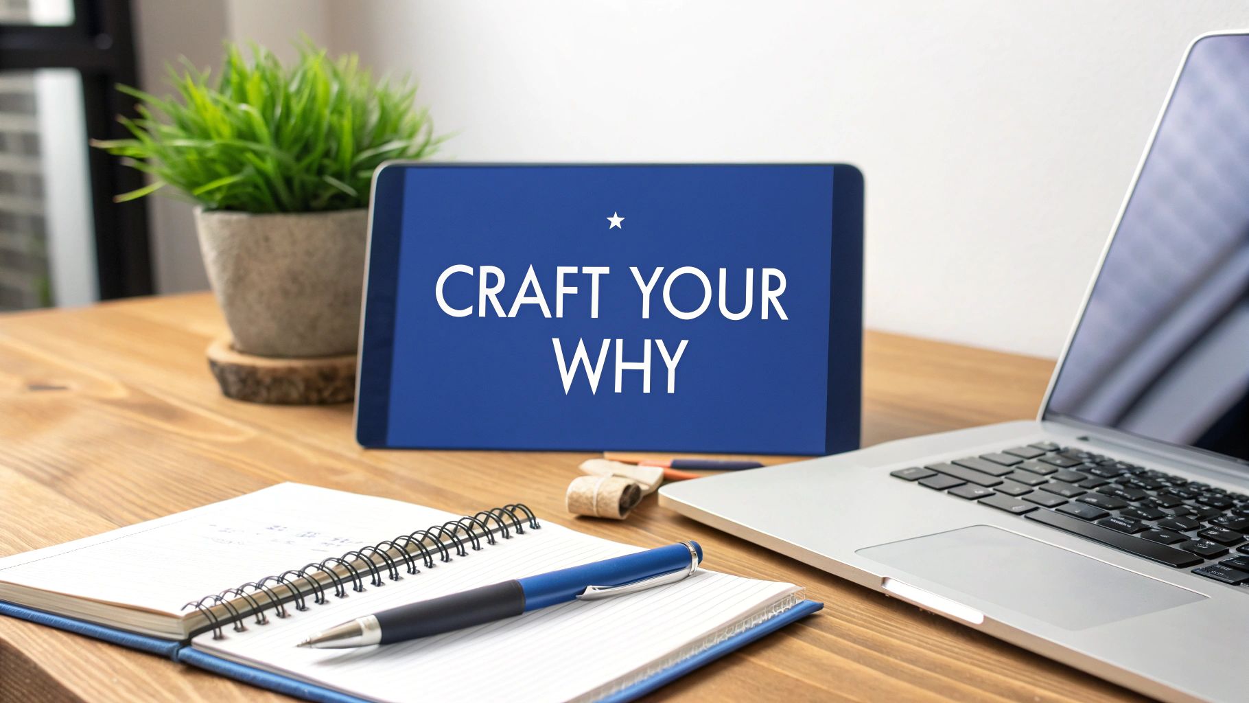 A wooden desk with a tablet displaying 'CRAFT YOUR WHY', a laptop, an open notebook, and a plant.