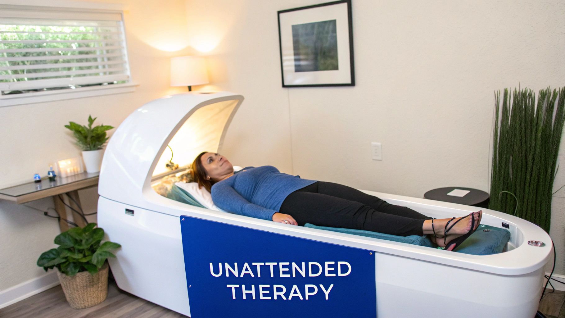 A woman relaxes inside a modern white therapy pod for an unattended wellness treatment.