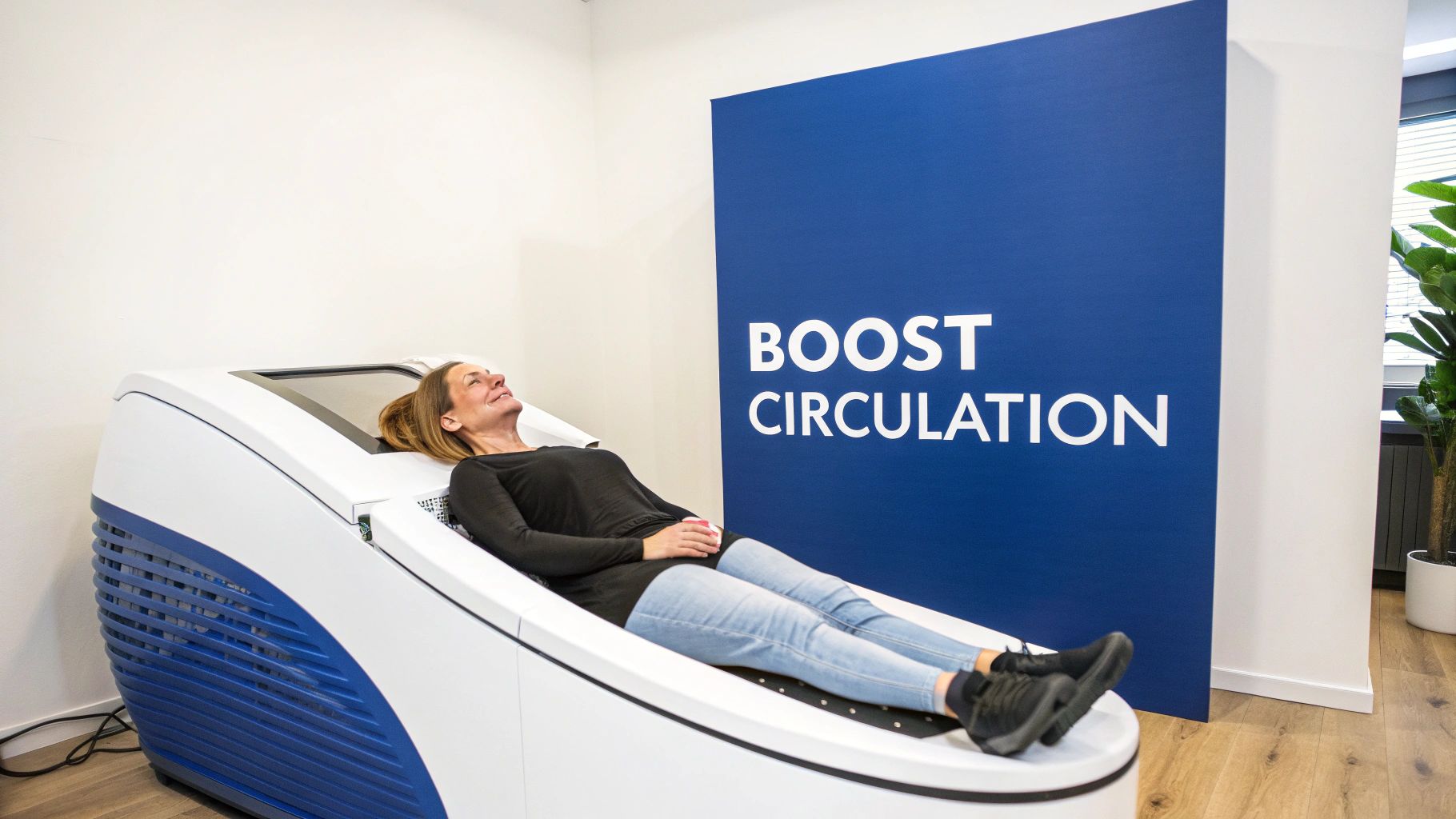 A woman relaxing in a white and blue therapy bed with a 'BOOST CIRCULATION' sign behind her.