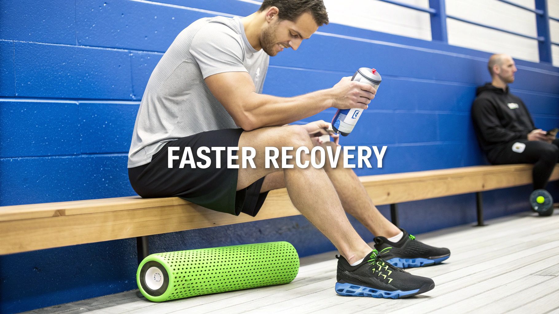 An athlete sits on a bench with a water bottle and a green foam roller, emphasizing faster recovery.