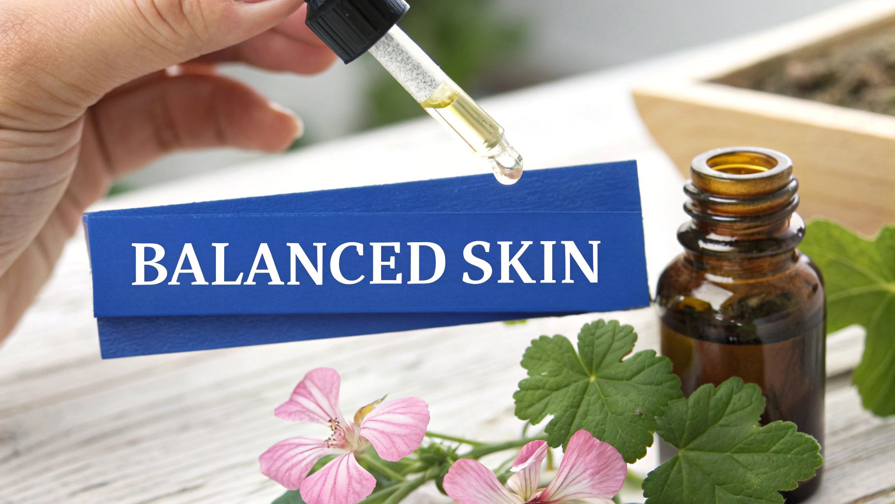 A hand applies yellow oil with a dropper next to a 'BALANCED SKIN' sign, an essential oil bottle, and pink geranium flowers.