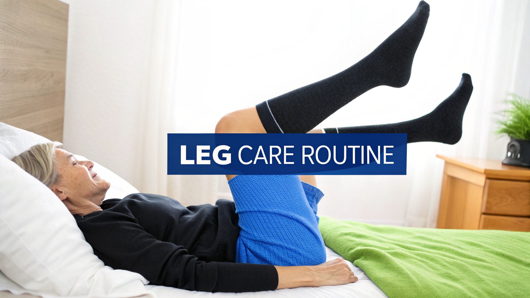 An elderly woman lying in bed with her legs raised, wearing compression stockings for leg care.