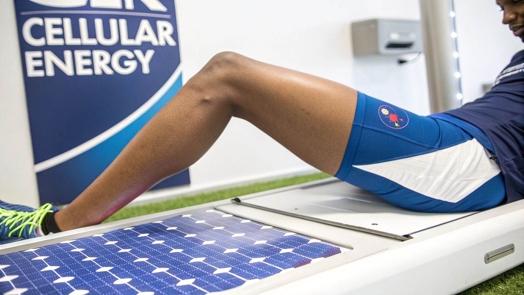 An athlete rests on an innovative therapy machine designed for cellular energy and recovery.