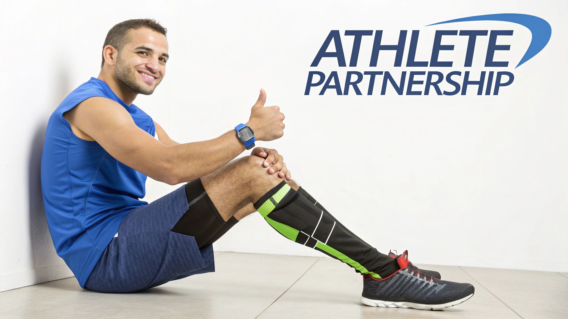 Smiling male athlete giving thumbs up, wearing athletic gear and compression sleeves.