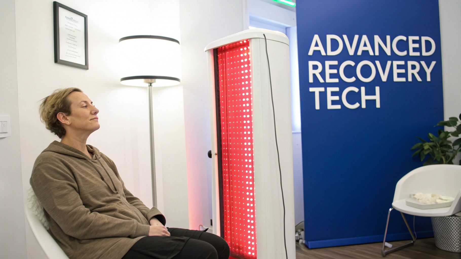 A woman relaxes in a chair, receiving red light therapy at an Advanced Recovery Tech clinic.