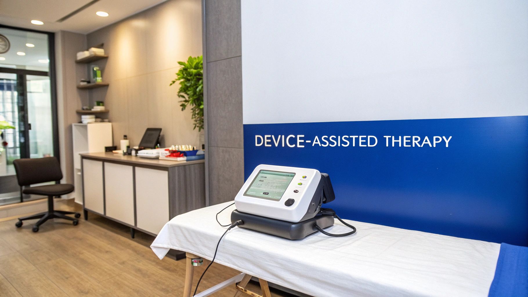 A modern therapy room featuring a medical device on a bed and a blue 'DEVICE-ASSISTED THERAPY' sign.