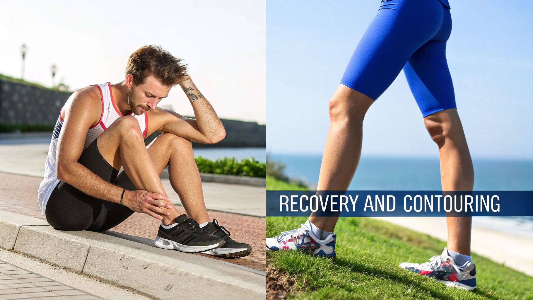 Two images: a man with an ankle injury on a curb, and legs walking on a hill with 'RECOVERY AND CONTOURING' text.