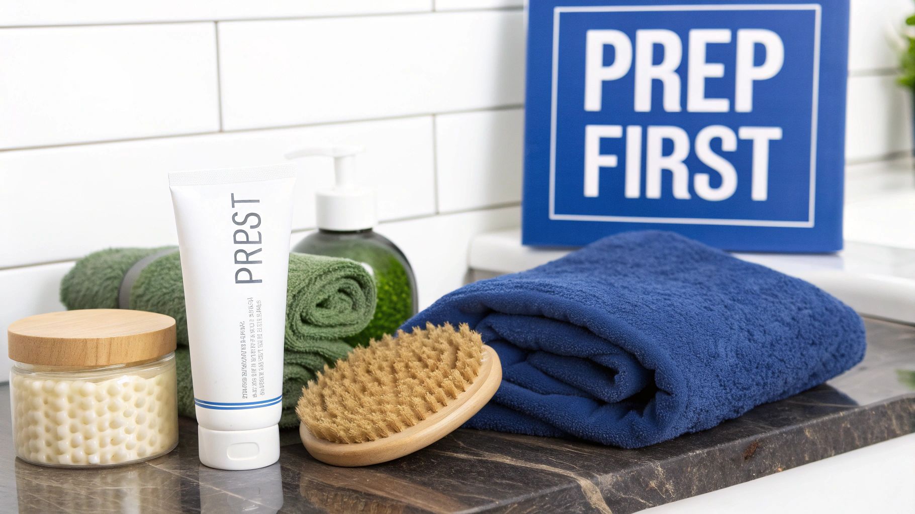 Bathroom vanity with self-care products, including a lotion tube, brush, towels, and a 'PREP FIRST' sign.