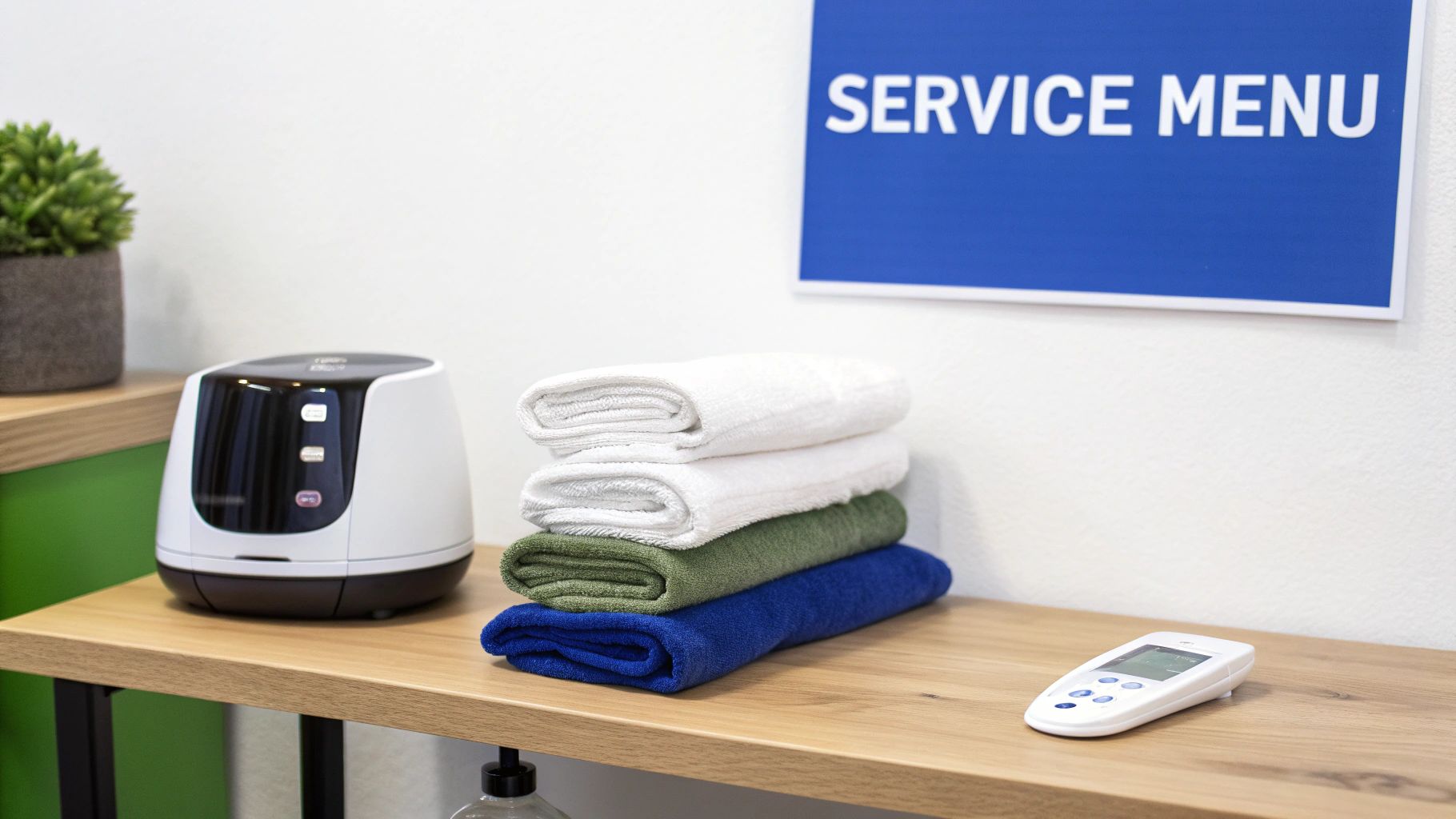 A small white appliance, stacked towels, and a remote control on a wooden shelf, under a 'SERVICE MENU' sign.