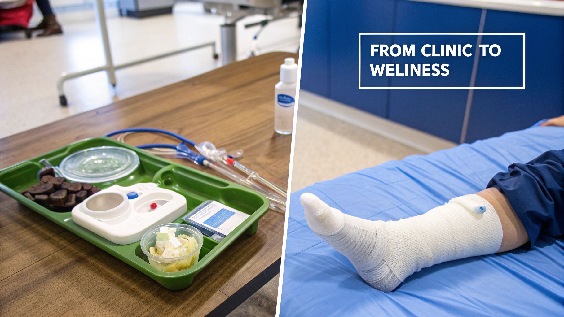 Medical training tools on a tray and a patient's bandaged leg, depicting wound care and recovery.