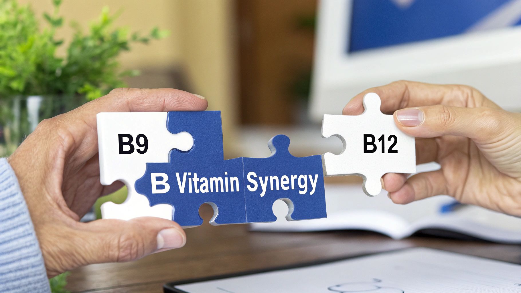 Hands assembling puzzle pieces for B9, B12, and B Vitamin Synergy, highlighting their combined benefits.