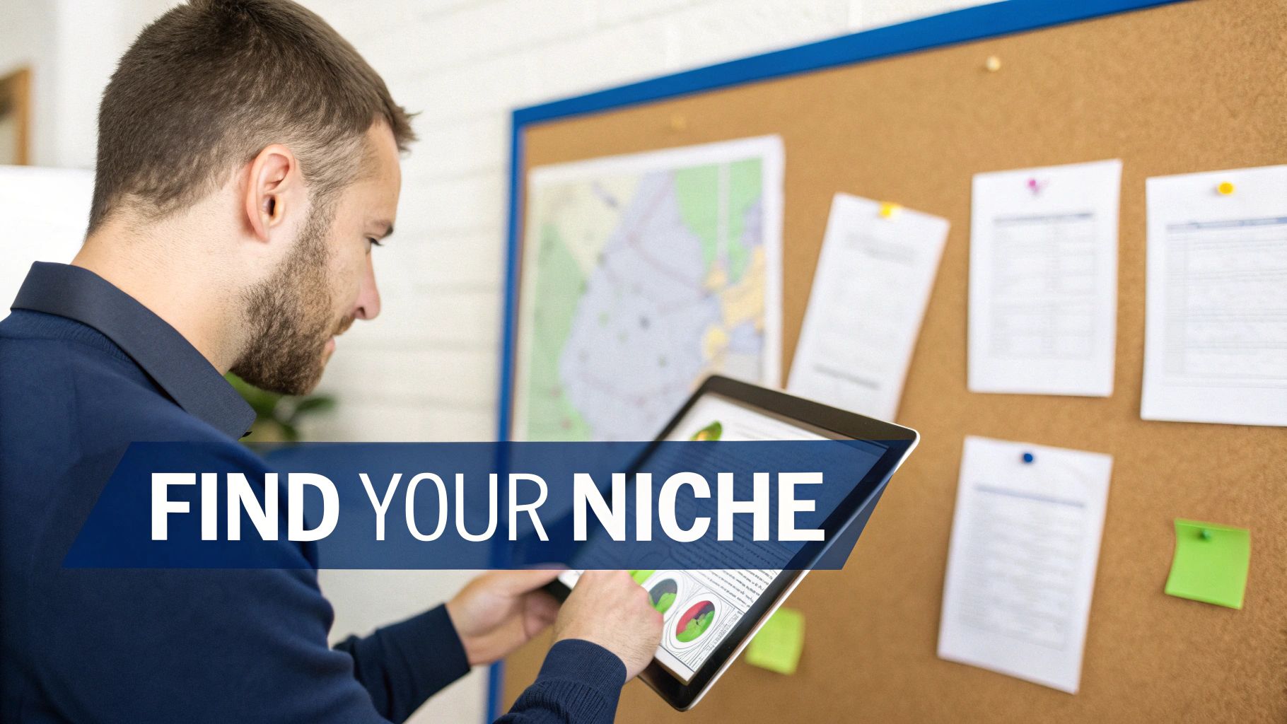 A man reviews data on a tablet, with a cork board in the background and 'FIND YOUR NICHE' text.