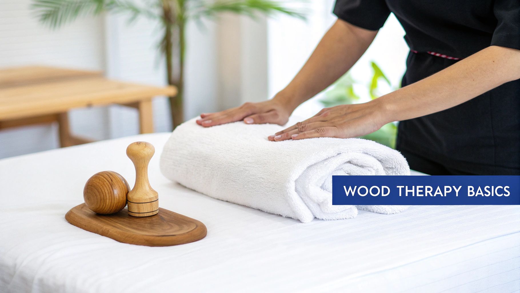 Hands gently pressing on a white rolled towel next to wooden massage tools on a treatment table.