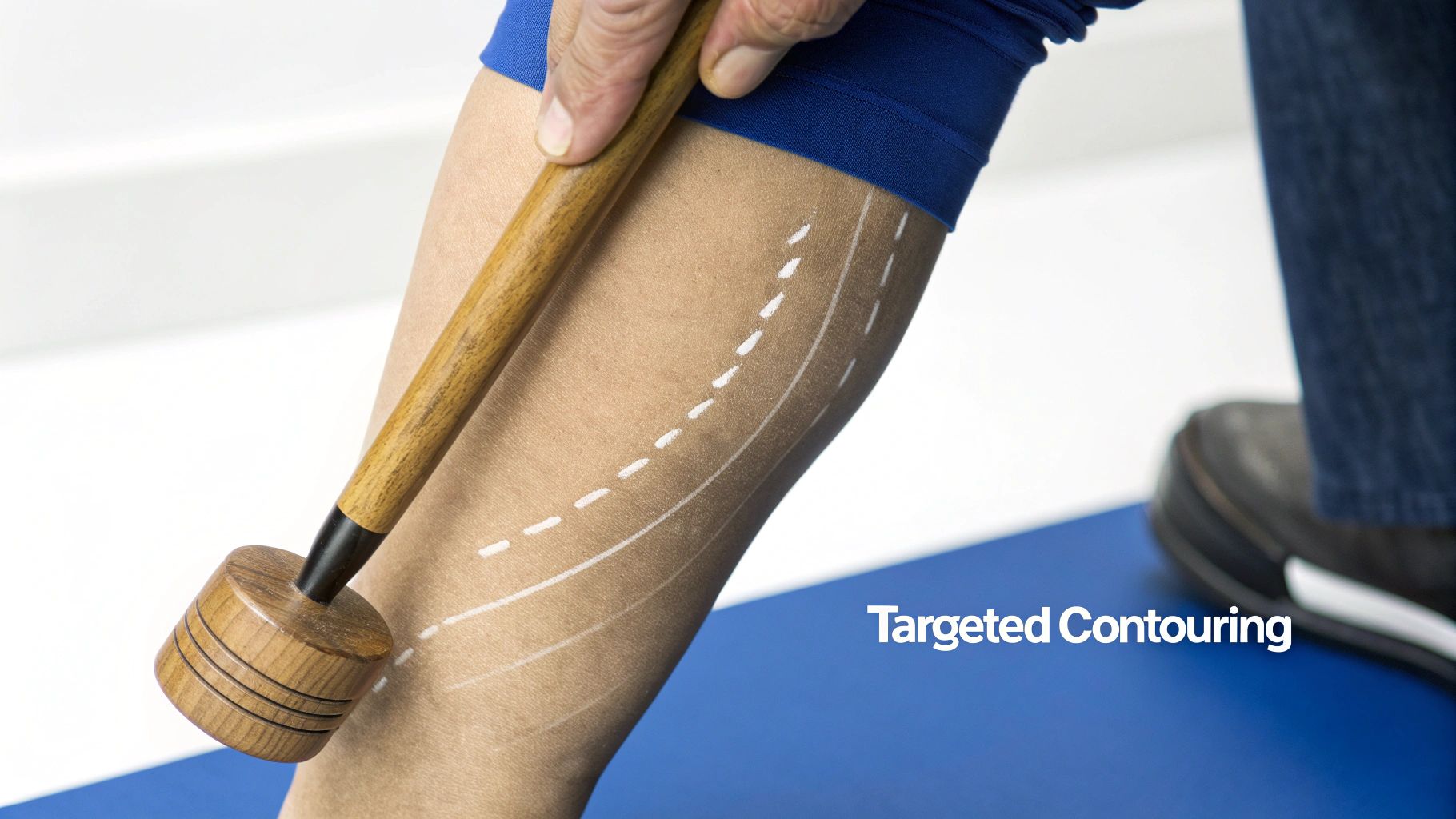 Close-up of a leg being massaged with a wooden tool, showing white contouring lines and text.