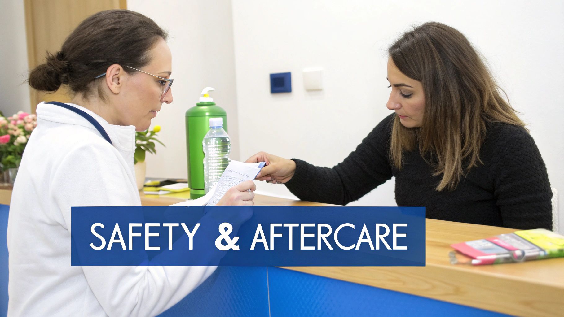 Two women at a reception desk, one a healthcare professional, explaining aftercare information to a patient.