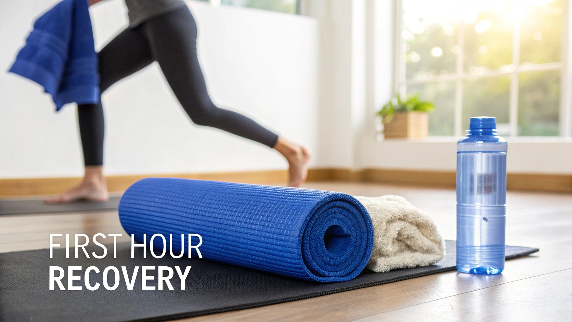 A person stretches on a yoga mat, with a rolled mat, towel, and water bottle nearby, promoting post-exercise recovery.
