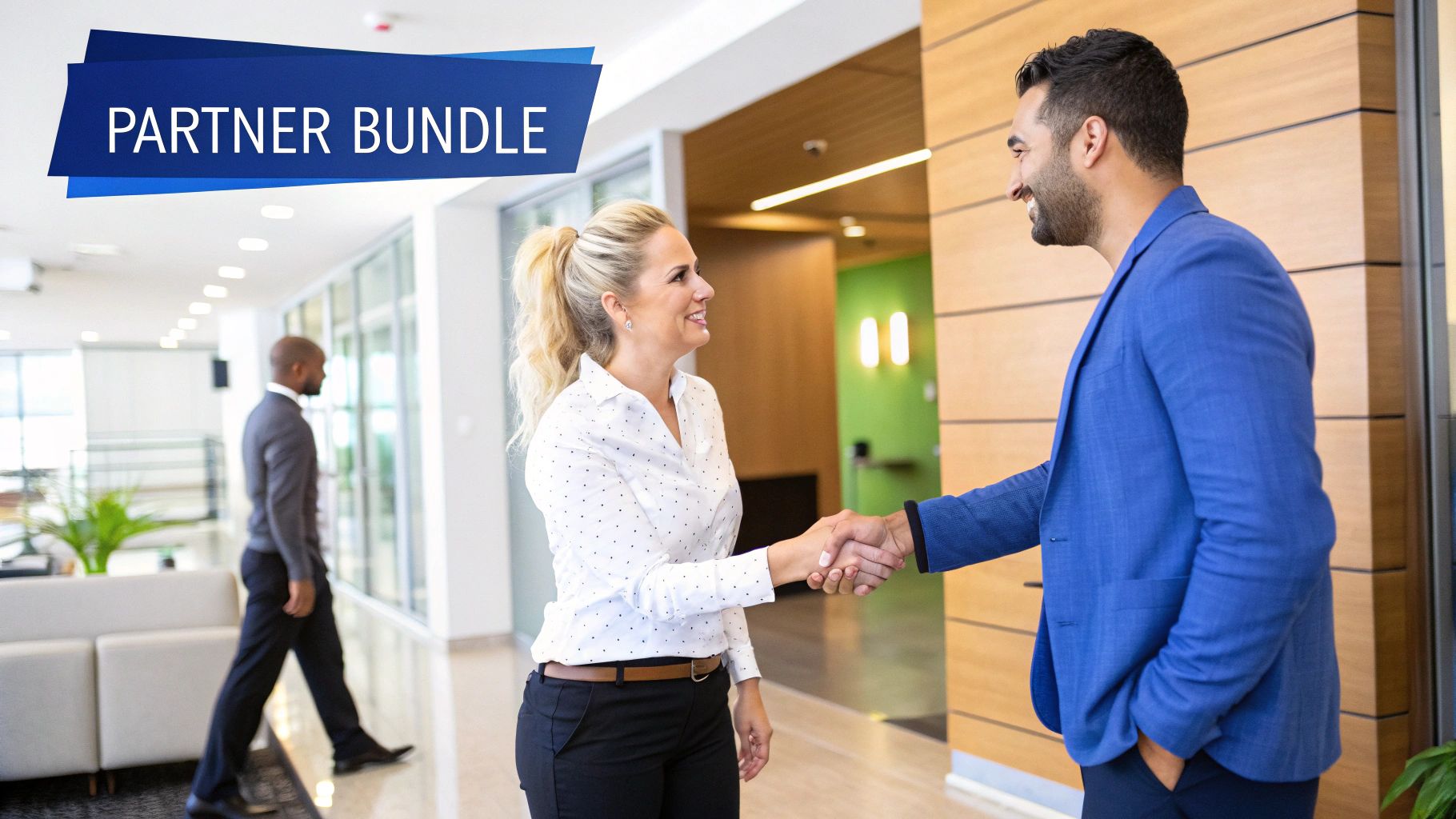 Two business professionals, a man and a woman, shake hands in a modern office setting, with a 'PARTNER BUNDLE' banner.