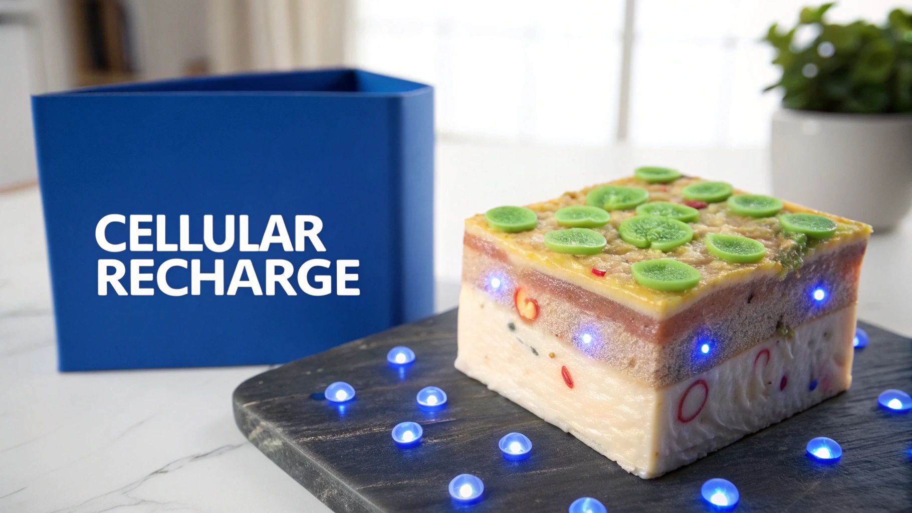 A blue box with 'CELLULAR RECHARGE' text sits next to a layered model with glowing blue lights.
