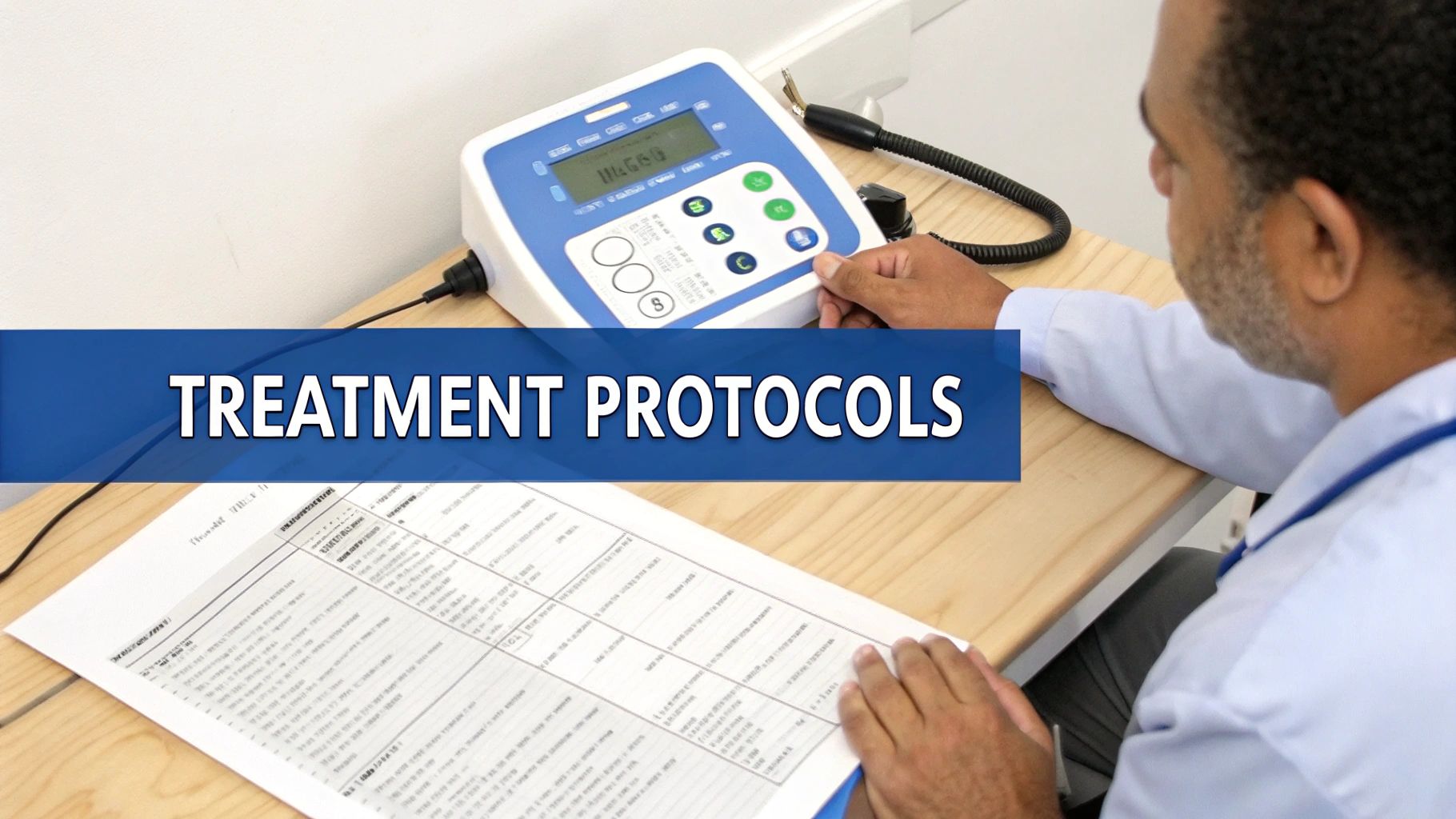 A healthcare professional operates a medical device while reviewing treatment protocols on a desk.