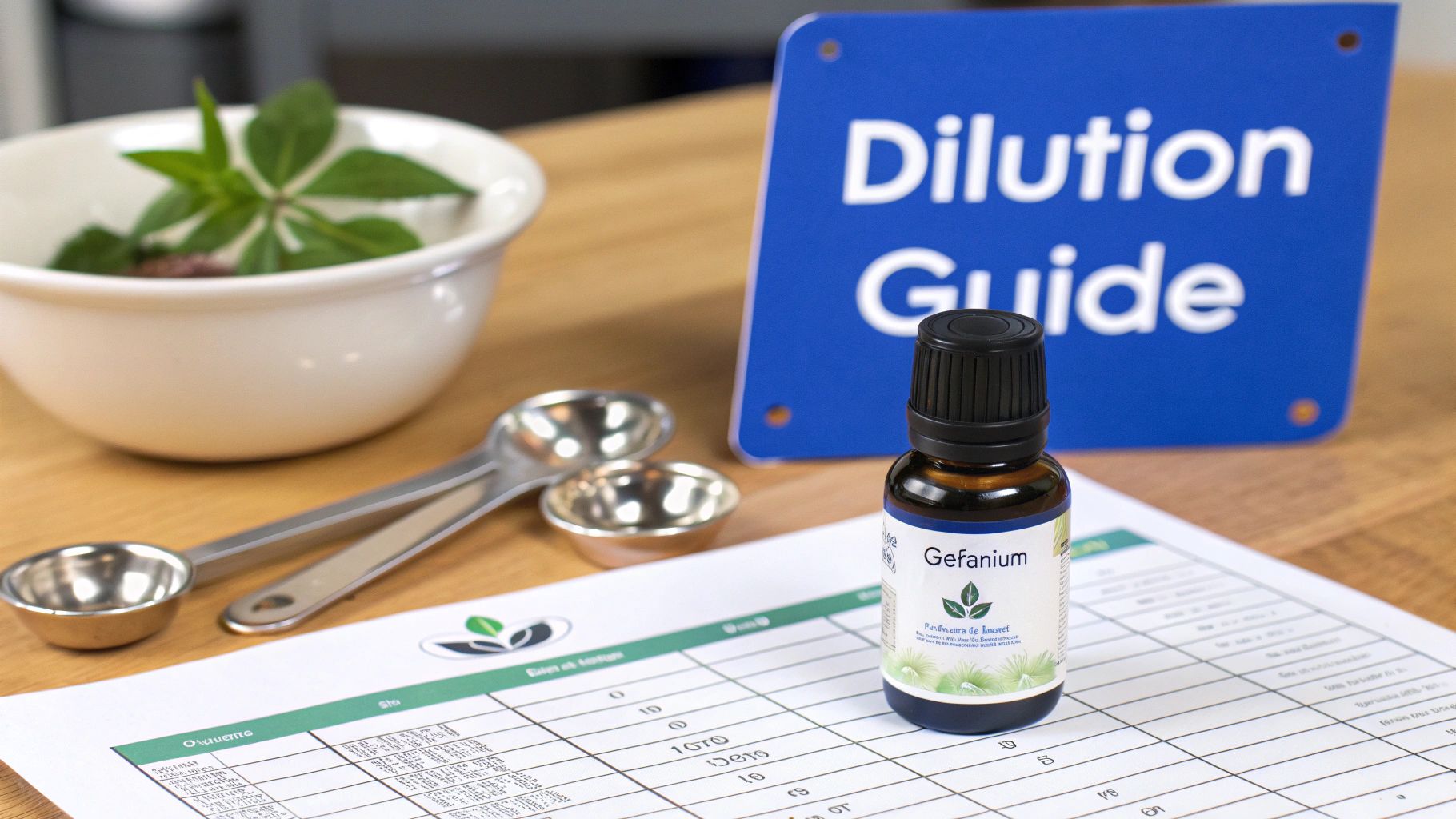 A bottle of Gefanium essential oil, a dilution guide, measuring spoons, and a bowl of leaves on a wooden table.