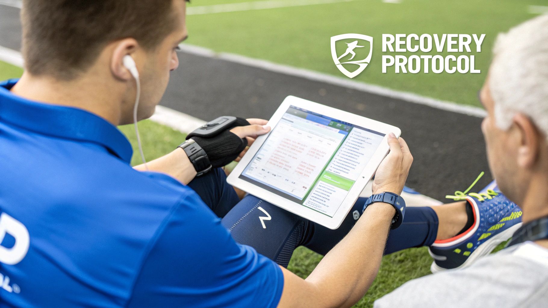 Two athletes on a sports field review recovery data on a tablet, focusing on recovery protocols.