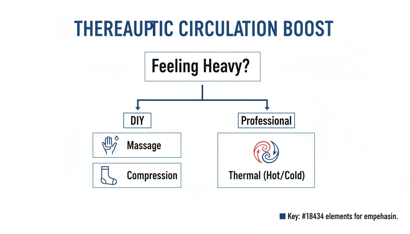 Flowchart illustrating therapeutic ways to boost circulation, including DIY methods like massage and compression, and professional thermal treatments.