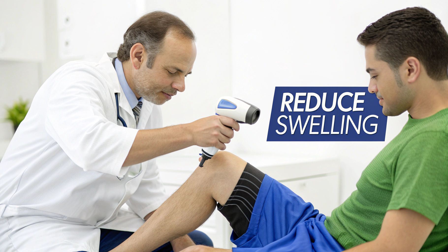 A doctor uses a red light therapy device on a patient's knee to reduce swelling.