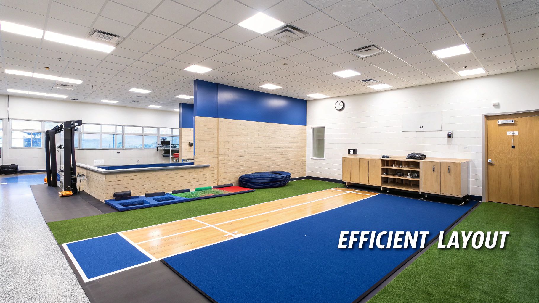A modern athletic training room with varied flooring, exercise equipment, and a hydrotherapy tub.
