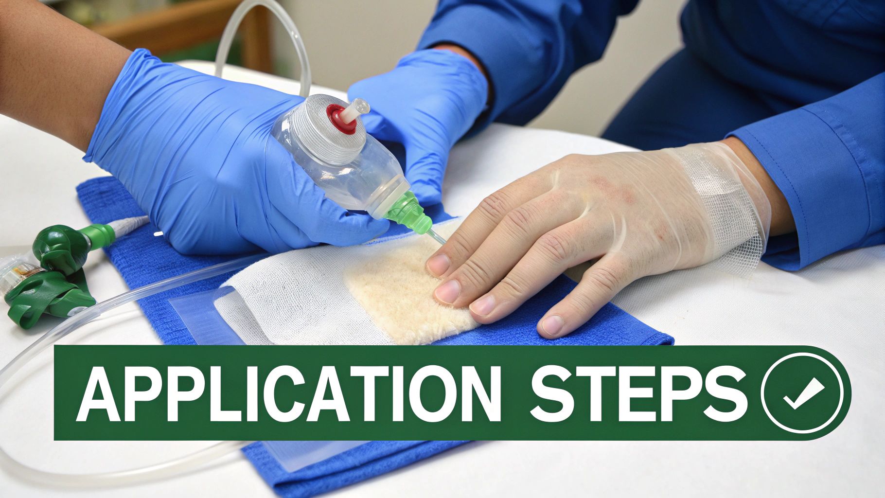 Healthcare worker in blue gloves applies a medical device to a patient's gloved hand, showing application steps.
