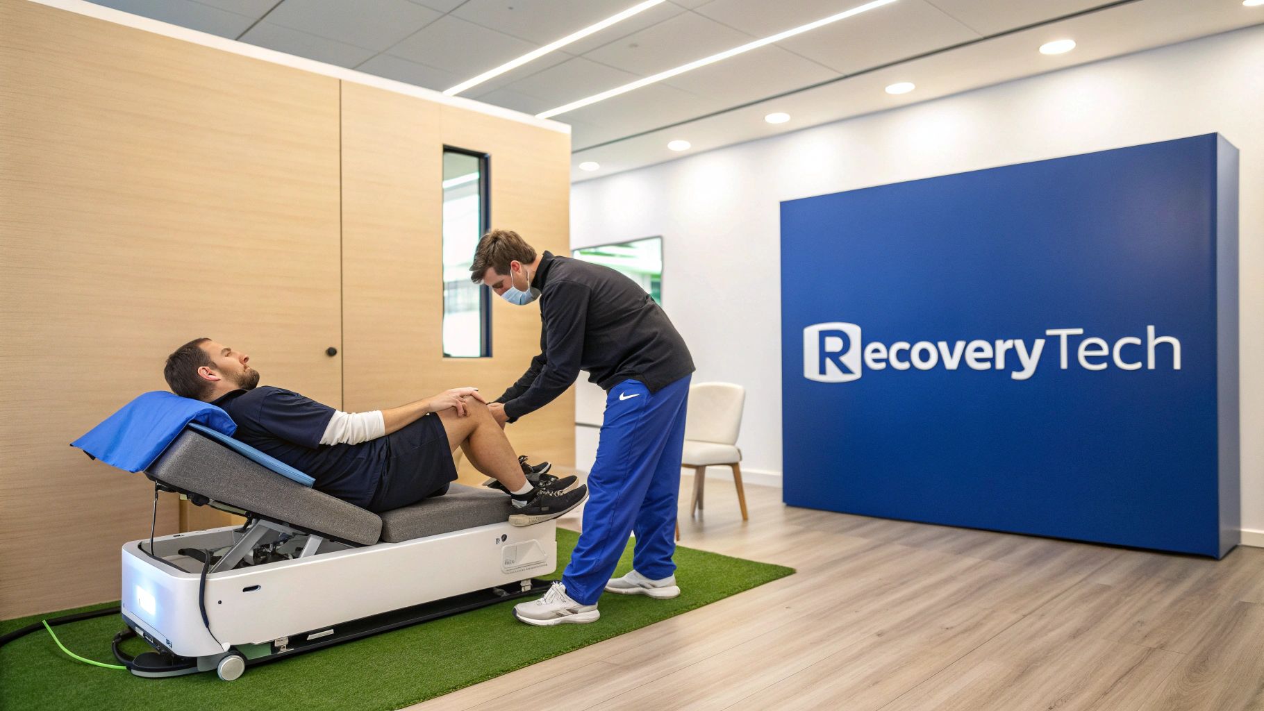 A therapist assists a patient on a specialized recovery bed in a modern clinic.