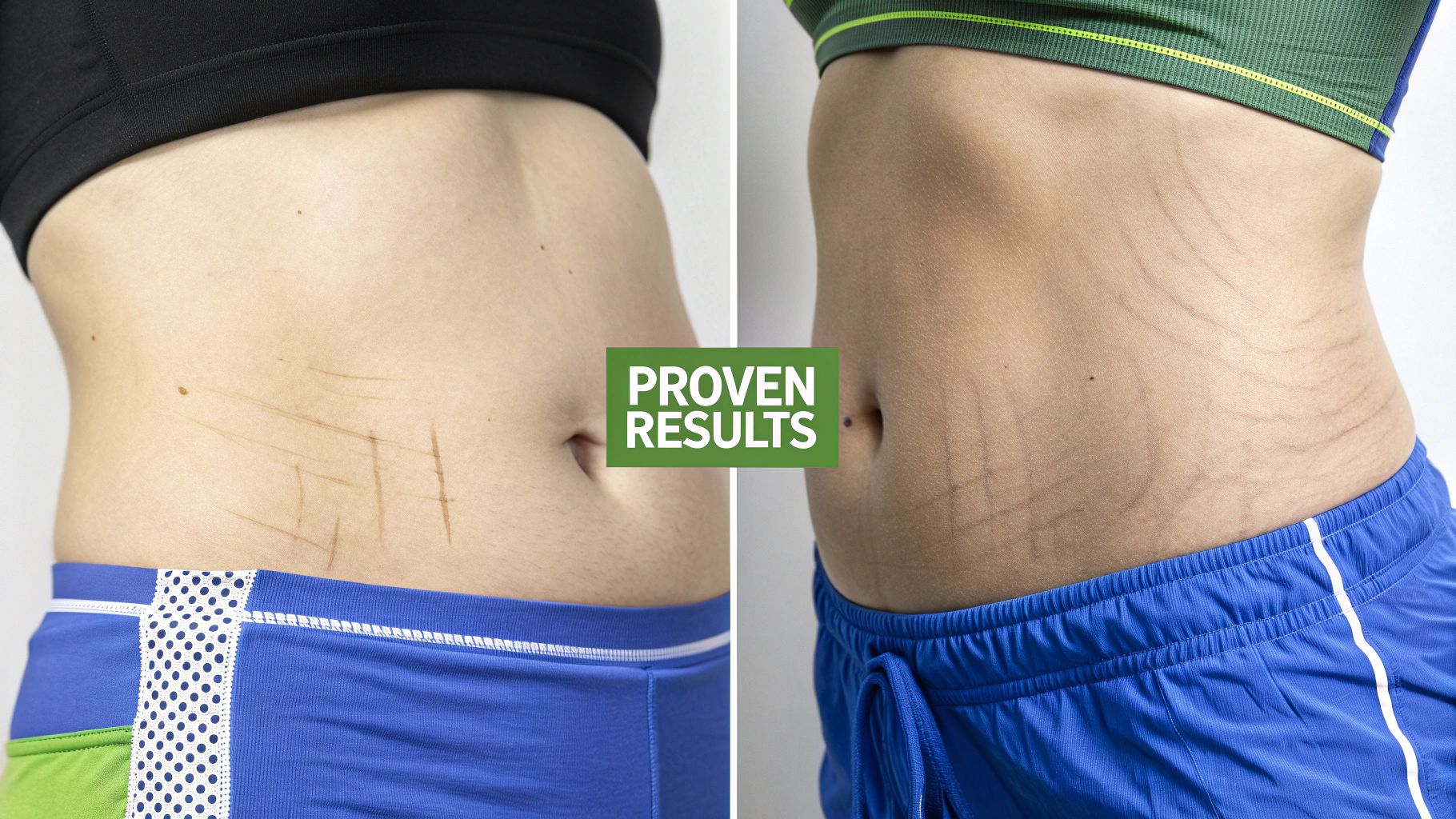 Before and after comparison of an abdomen with marked stretch marks, showcasing proven results of a treatment.