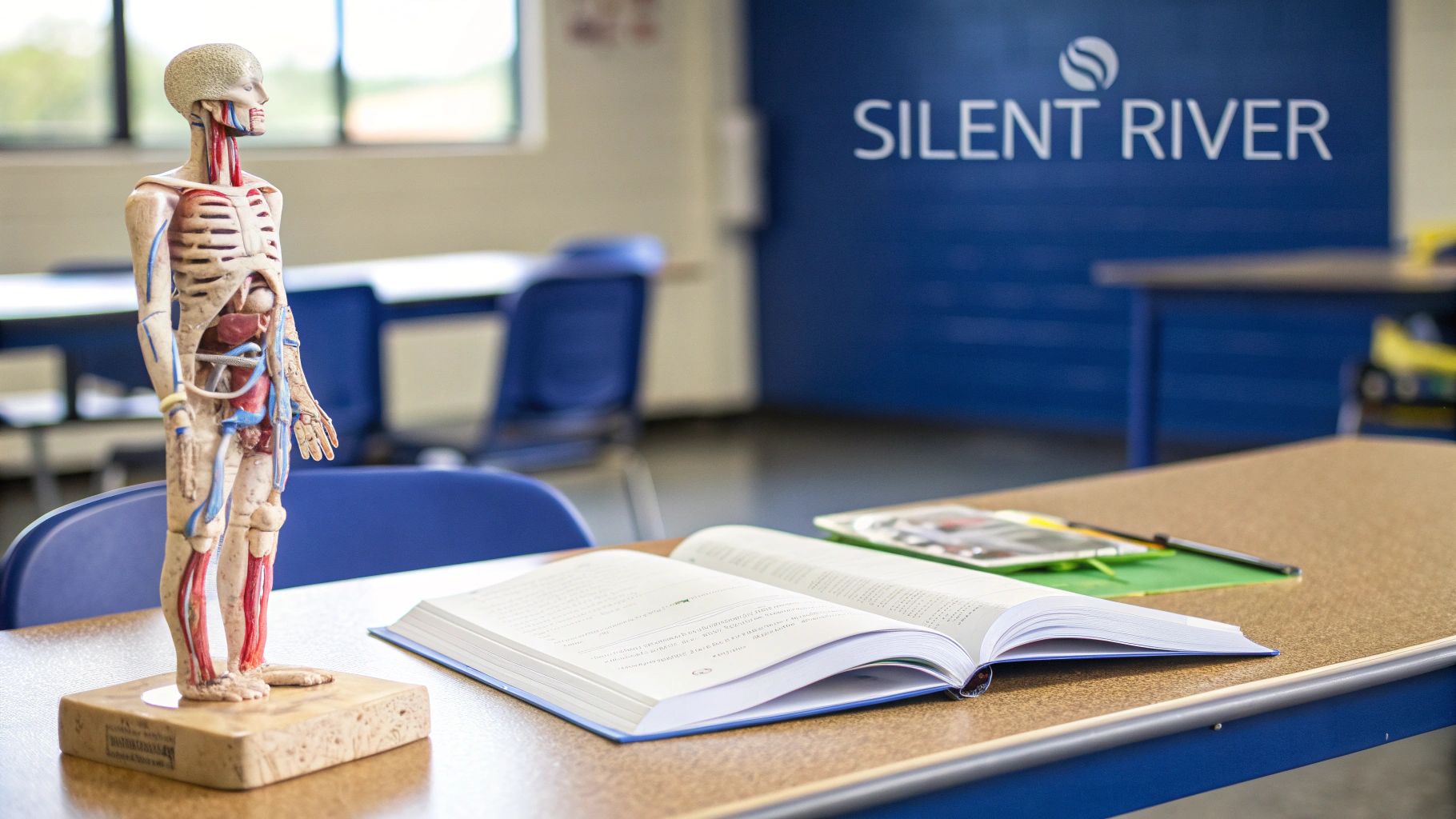 A human anatomical model, open textbook, and notebook on a desk in a Silent River classroom.