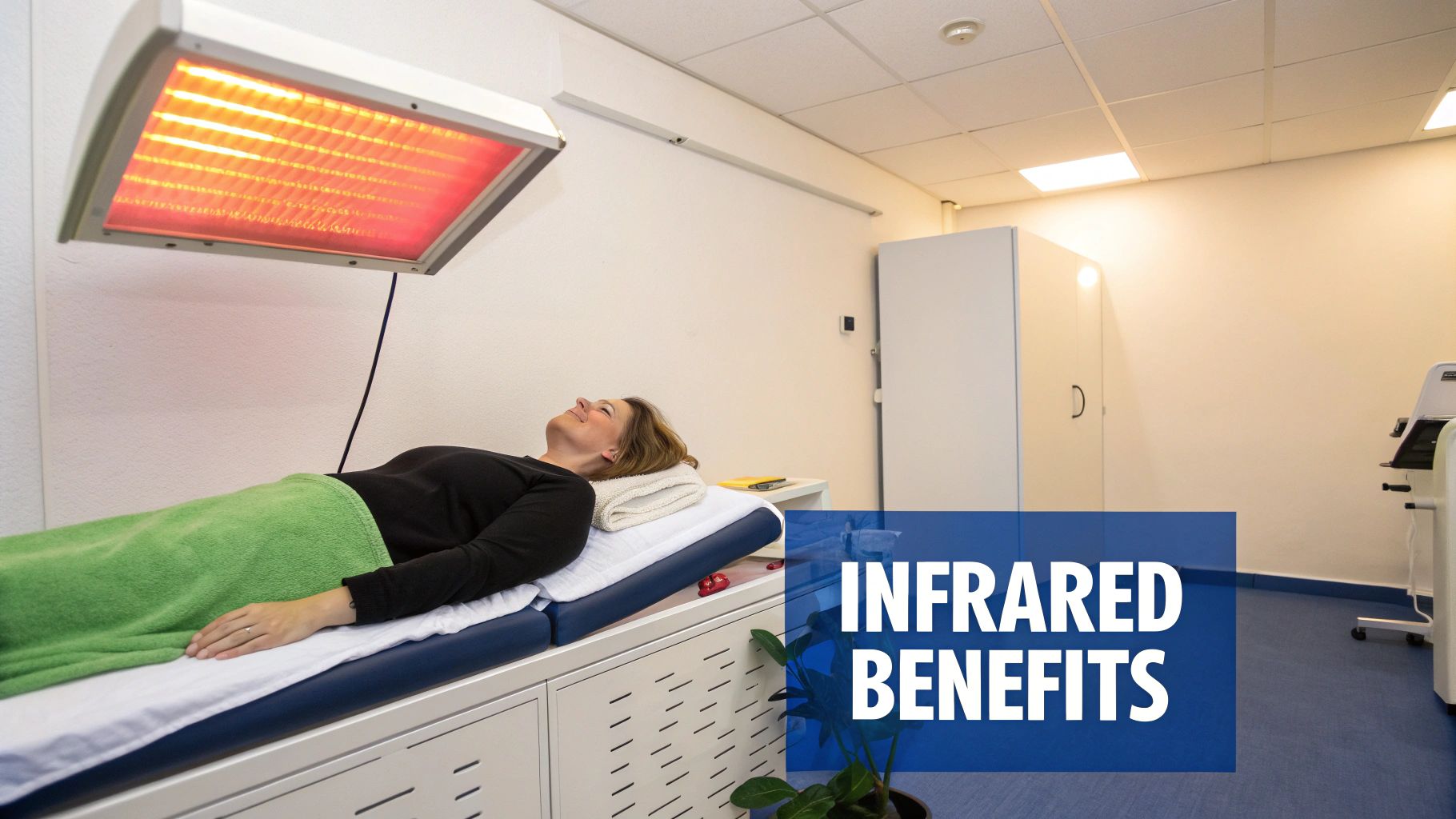 A woman relaxes on a medical bed under a glowing infrared light for therapy in a modern room.