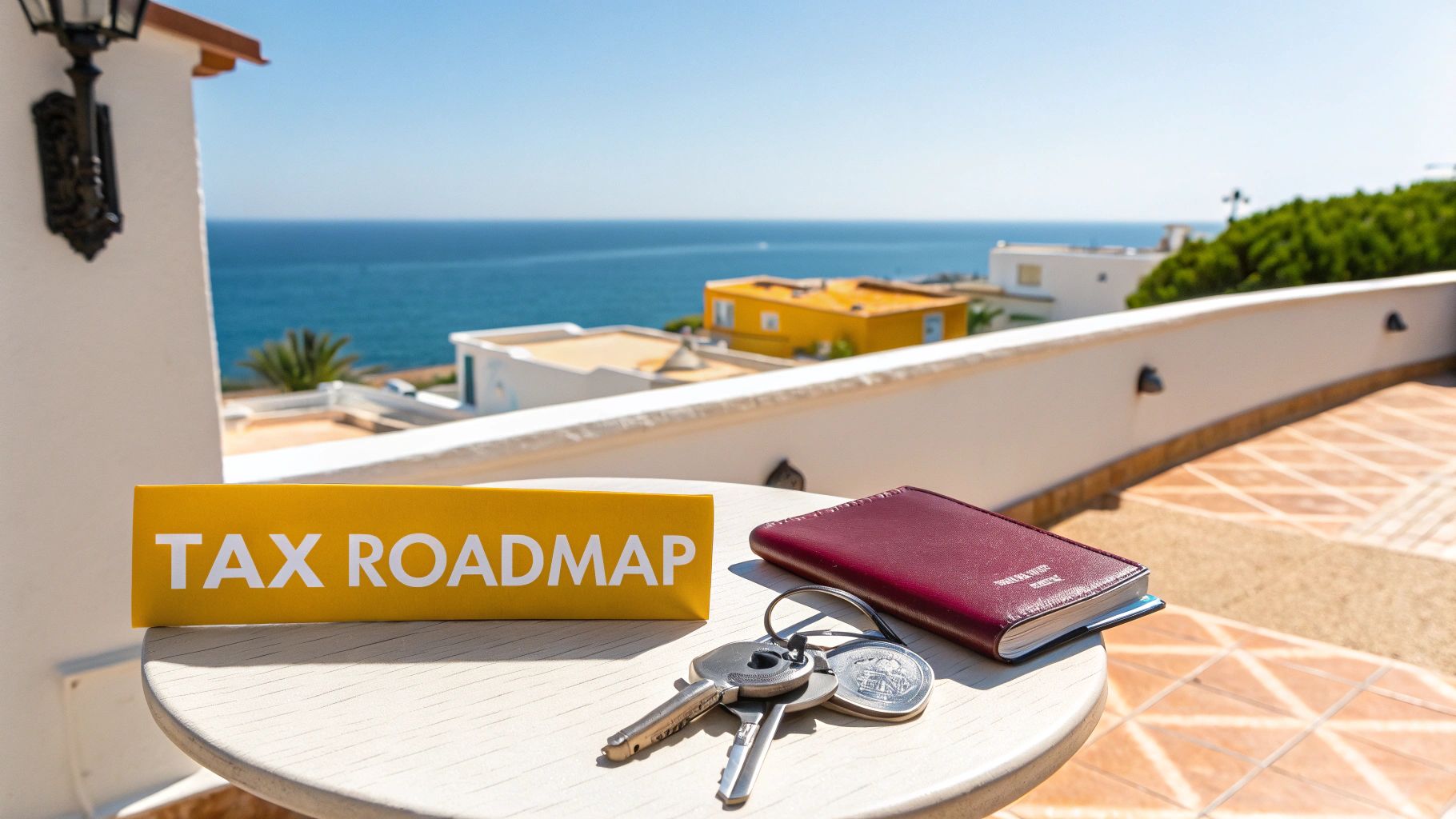 A 'TAX ROADMAP' sign, keys, and a passport on a table with a Spanish coastal view.