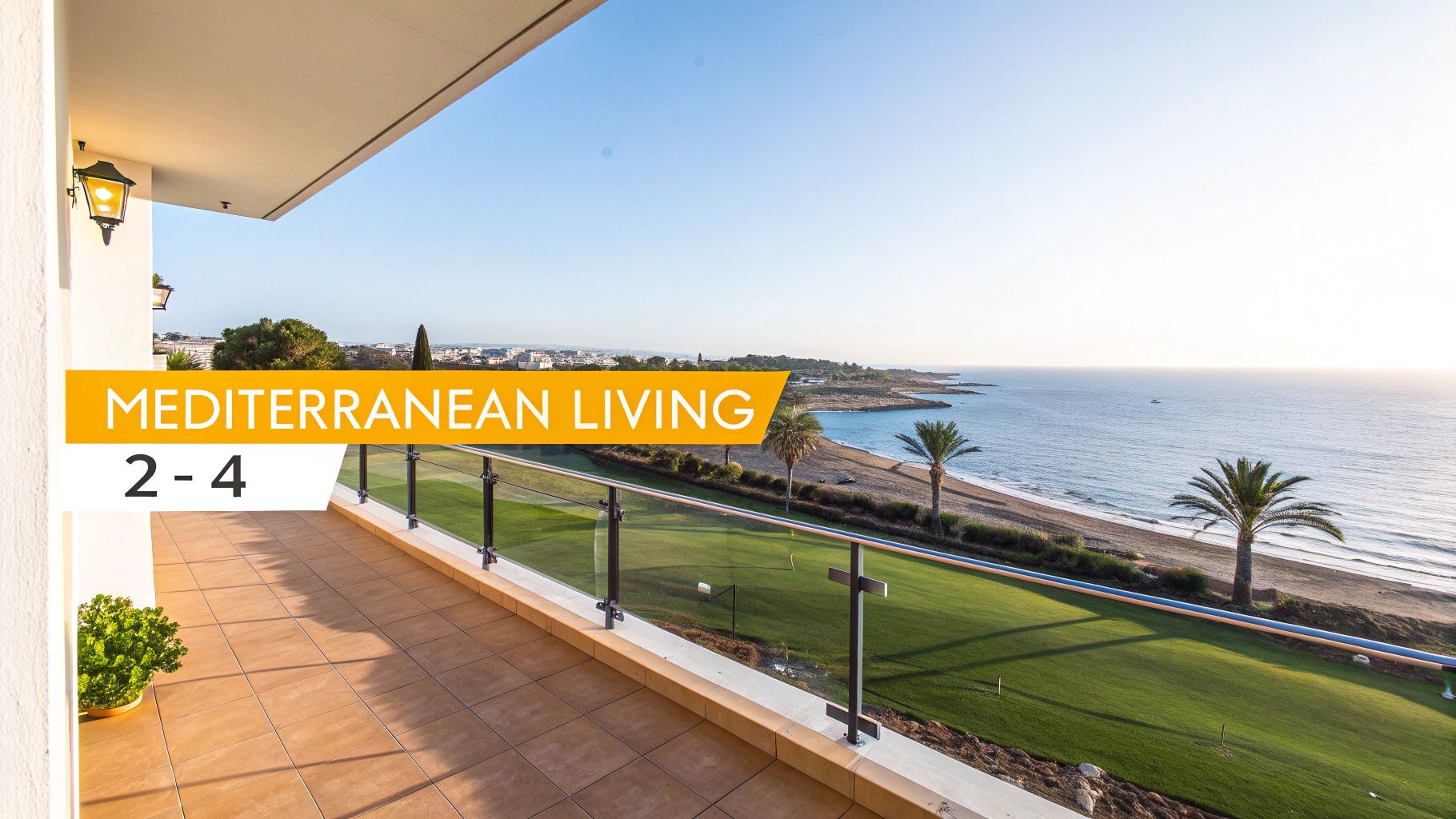 A stunning Mediterranean view from a large balcony, featuring a golf course, sandy beach, and blue sea.