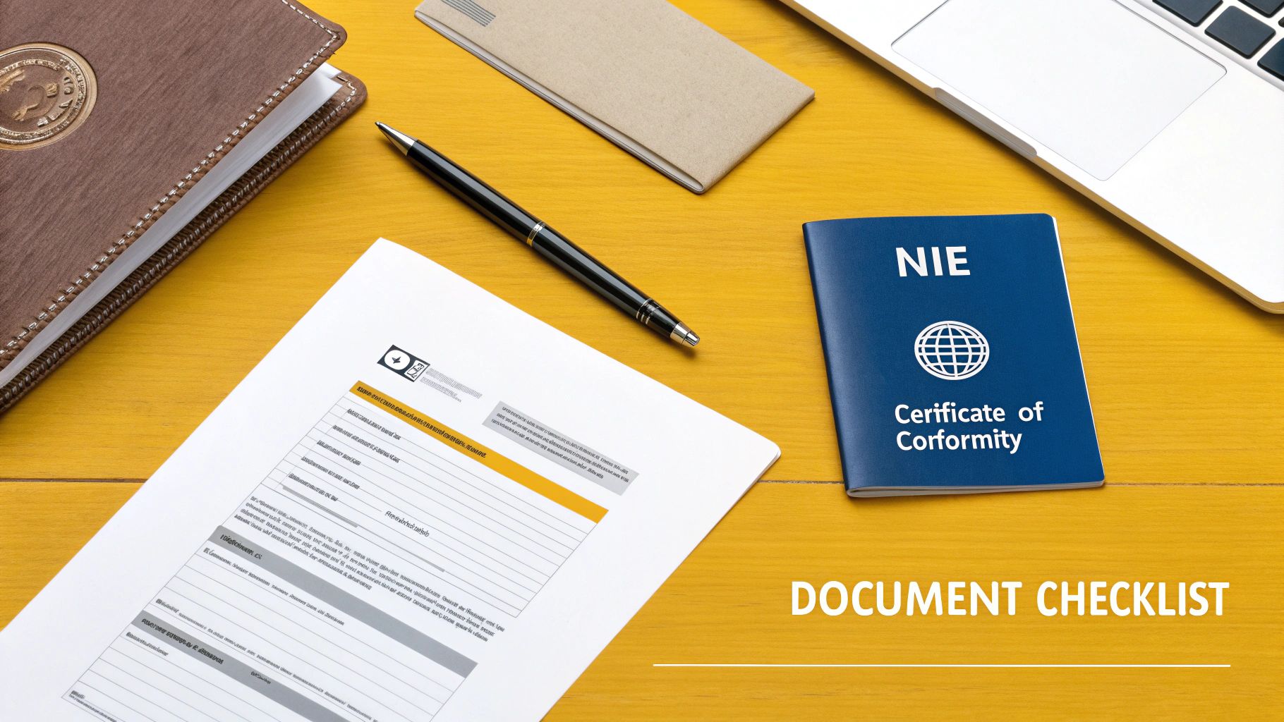 A flat lay of an NIE Certificate of Conformity, documents, and office items on a yellow desk.
