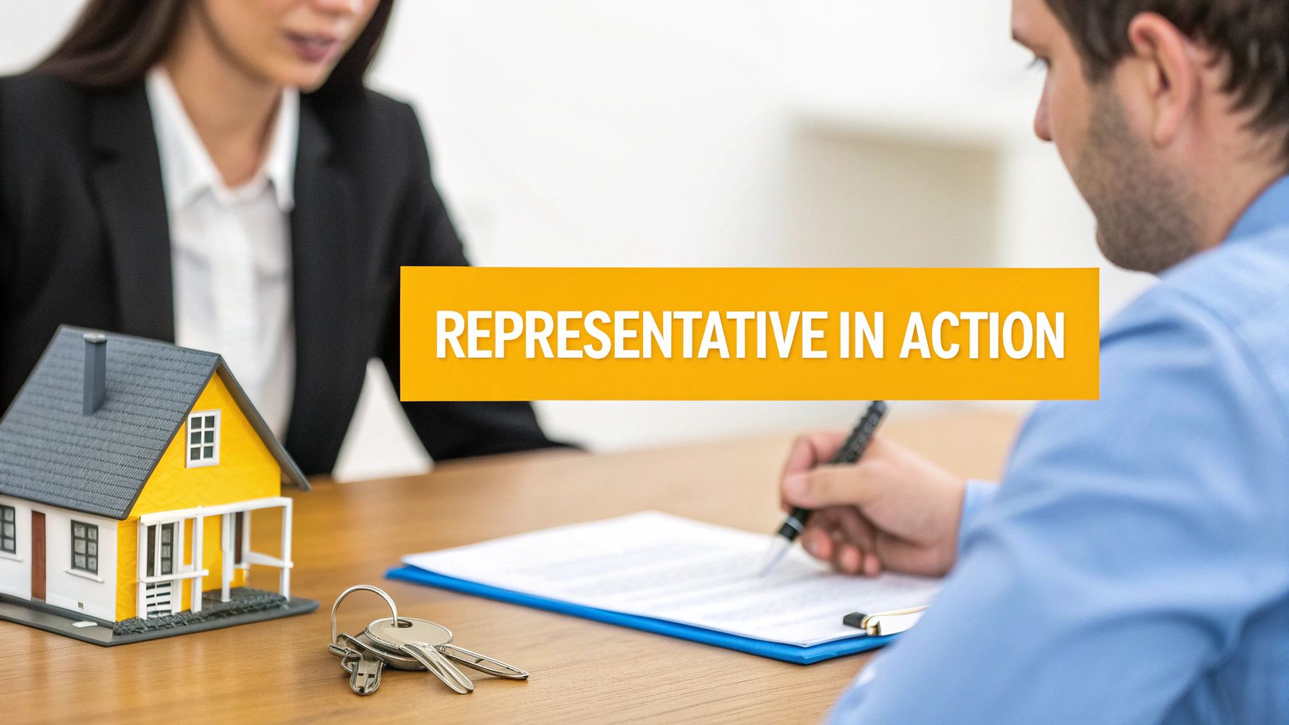 A real estate agent assists a client in signing property documents, with a model house and keys nearby.