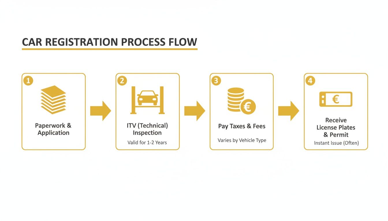 Diagram showing the four-step car registration process, including paperwork, inspection, taxes, and receiving license plates.