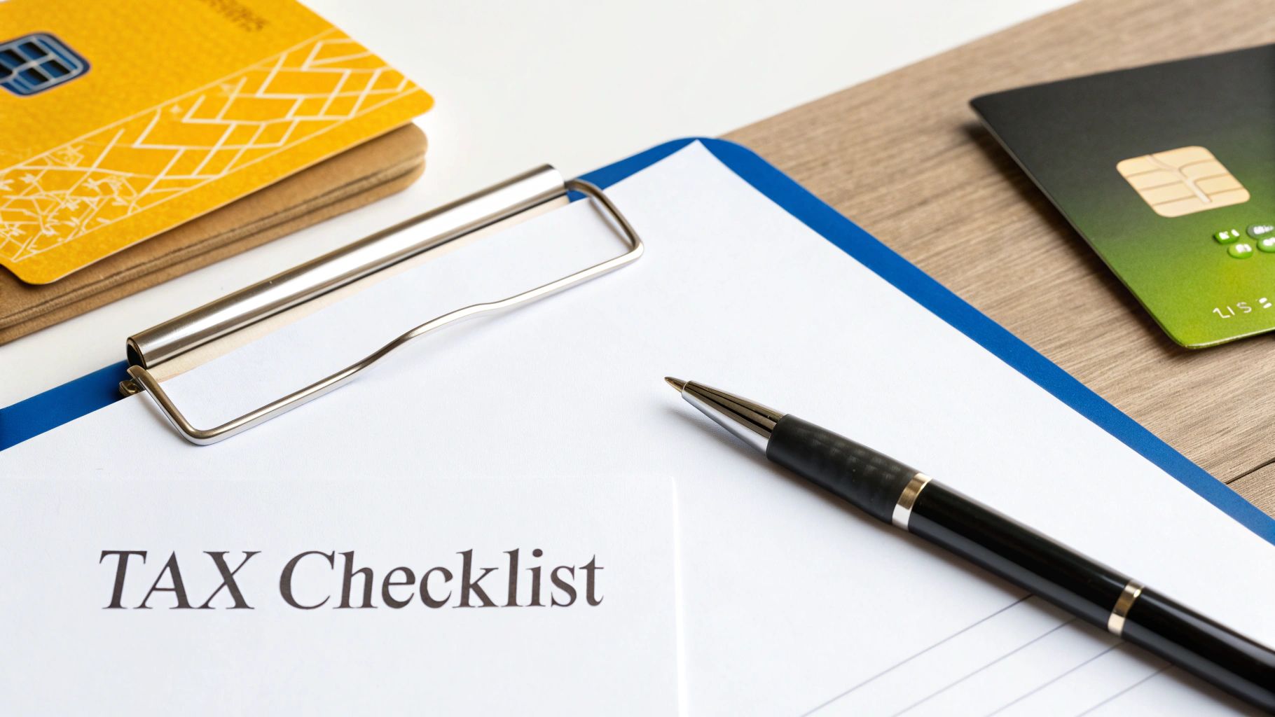 A 'TAX Checklist' document on a clipboard with a pen and two credit cards, ready for tax preparation.