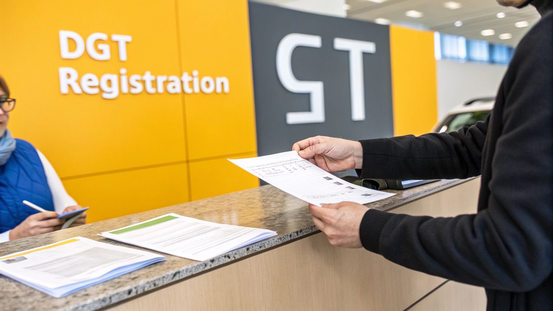 A person holds documents at a DGT Registration counter, with a staff member in the background.