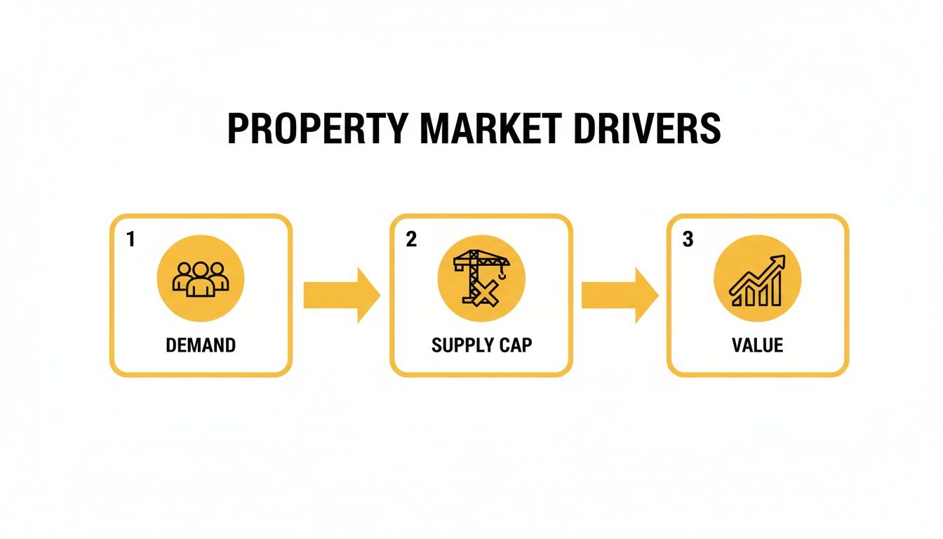 An infographic illustrating property market drivers: demand, supply cap, and their influence on value.