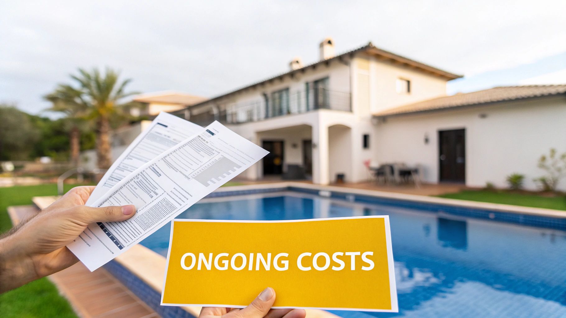 Hands holding documents and an 'Ongoing Costs' sign in front of a white house with a swimming pool, representing home expenses.