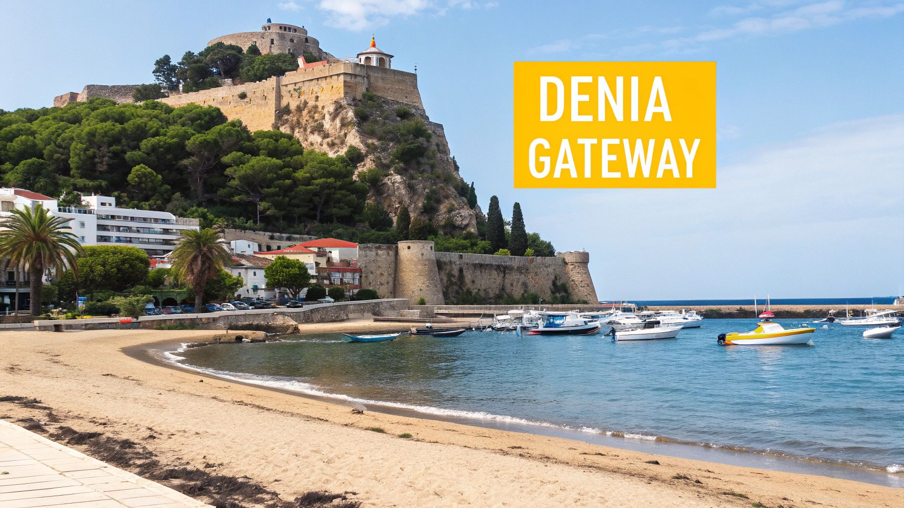 A historic castle overlooks a sandy beach and a busy harbor with boats in Denia, Spain.